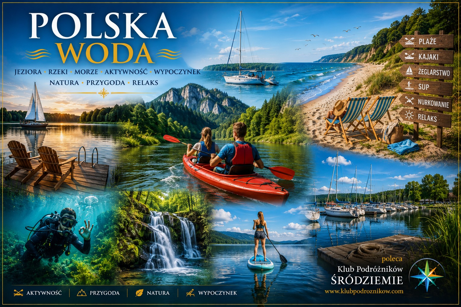 Najpiękniejsze jeziora, rzeki, plaże i wodne atrakcje Polski. Odkrywaj miejsca idealne do kajaków, żeglarstwa, wypoczynku nad wodą i aktywnej turystyki w otoczeniu wyjątkowej przyrody.
